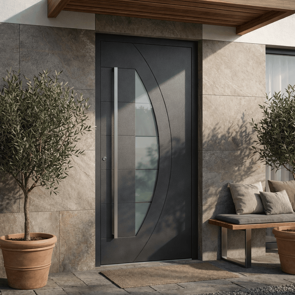 Linea L-114 — dark grey door with an arched glass panel